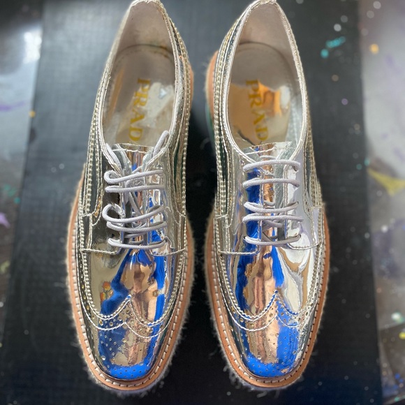 PRADA SS 2011 Silver Leather Brogues Derby Espadrille Creeper Sz 36/US 5.5-6 - Picture 2 of 10